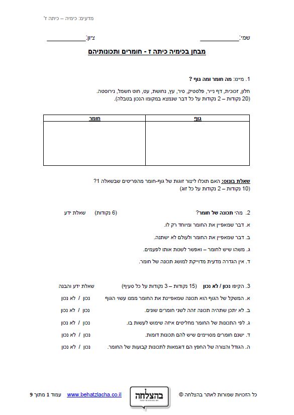 מבחן במדעים לכיתה ז - חומרים ותכונותיהם - מבחן 2
